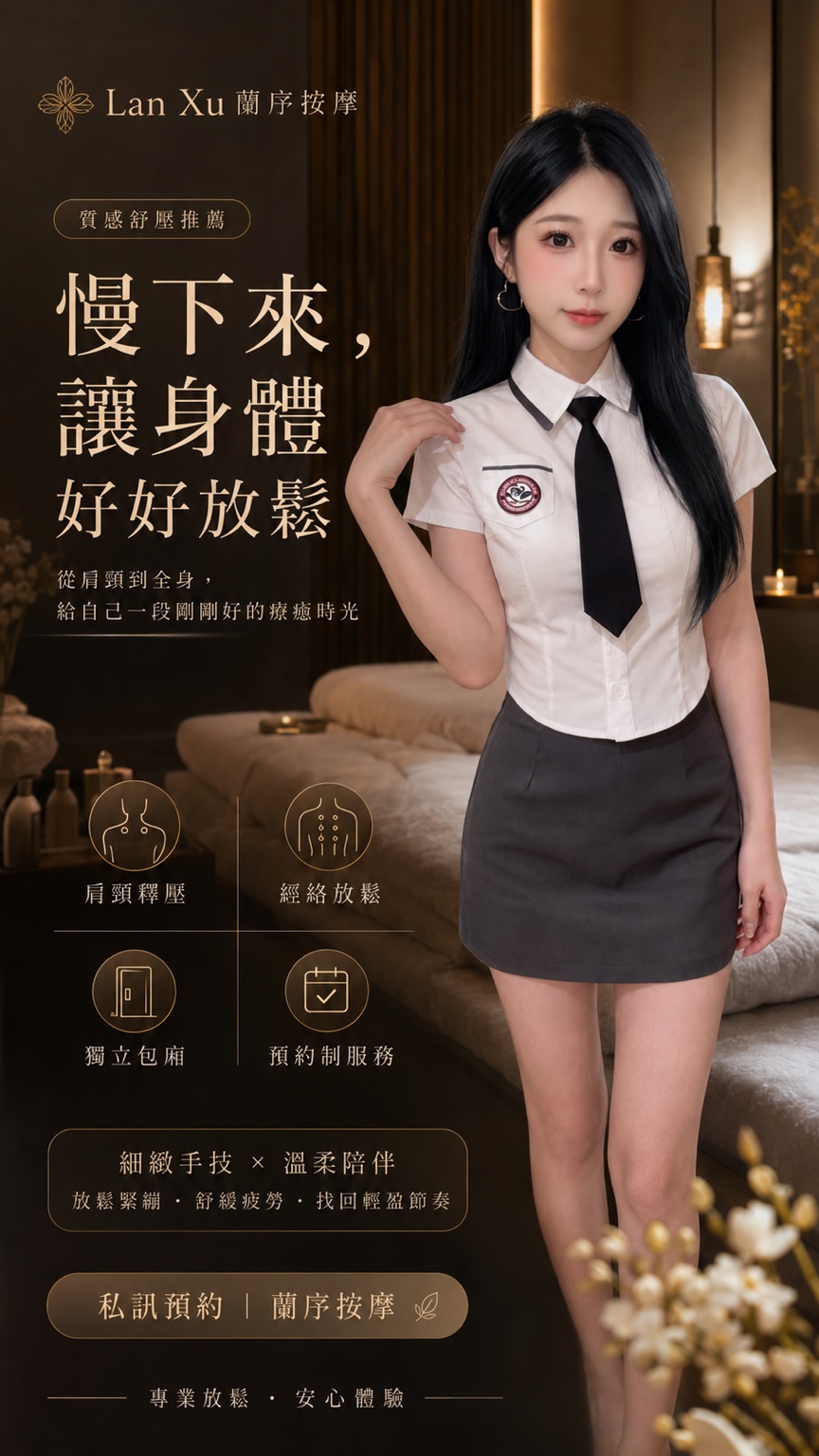 蘭序按摩品牌形象海報：肩頸釋壓、經絡放鬆、獨立包廂與預約制服務